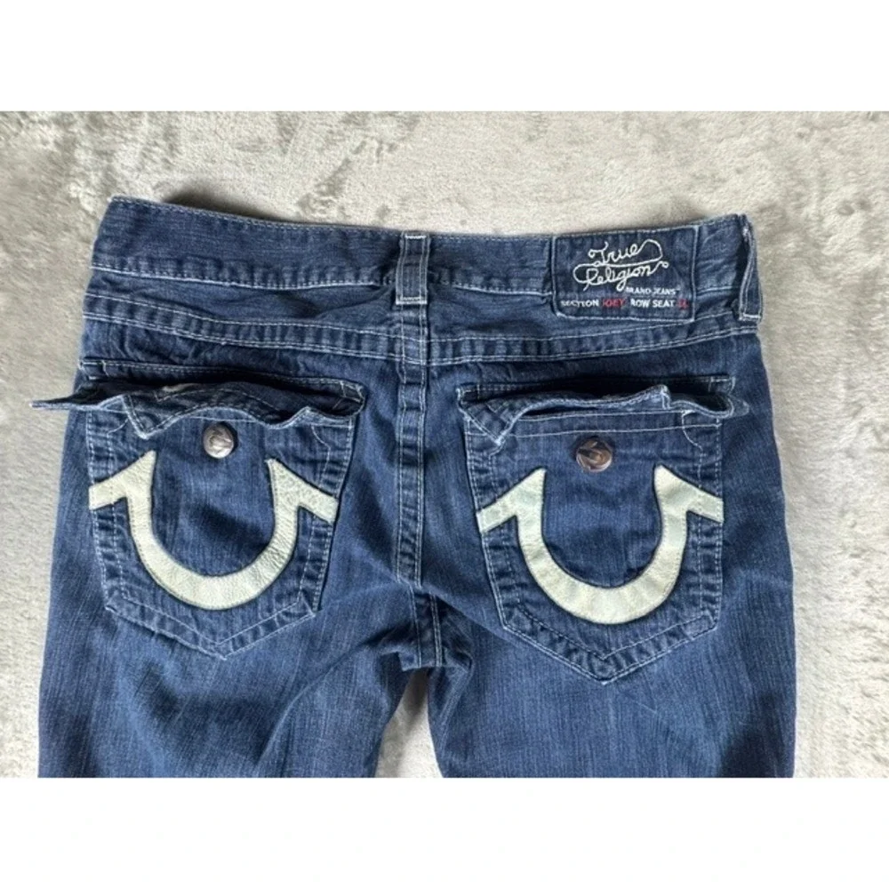 True Religion Jeans M 34 Joey Flare Dark Wash Horseshoe Flap Pocket Twisted Seam